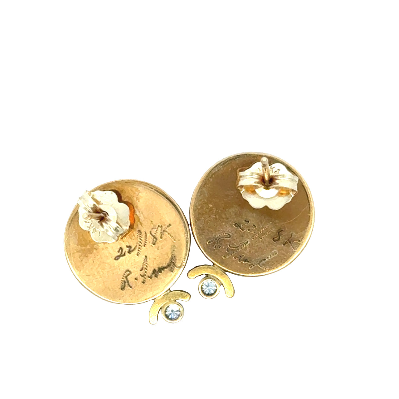 Designer Ricky Frank Earrings, 2 Round Brilliant Cut Diamond 0.10cttw G VS1-VS2, 2 Cloisonne Multi-Color, 18/22 K Yellow Gold 7.94g. All weights estimated.