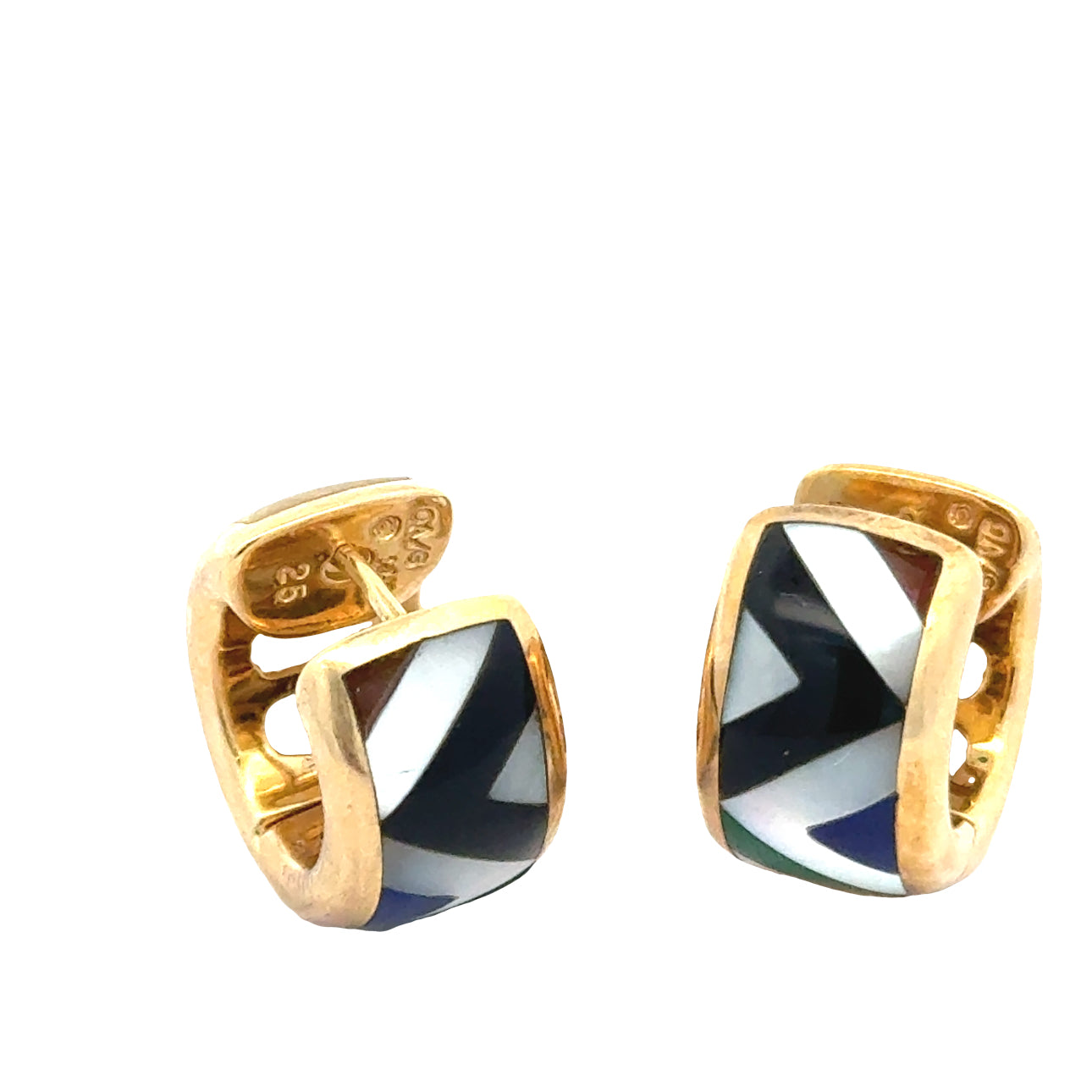 Designer Asch Grossbardt Earrings, Onyx, Mother of Pearl, Malachite 14K Yellow Gold 8.10g. All weights estimated.