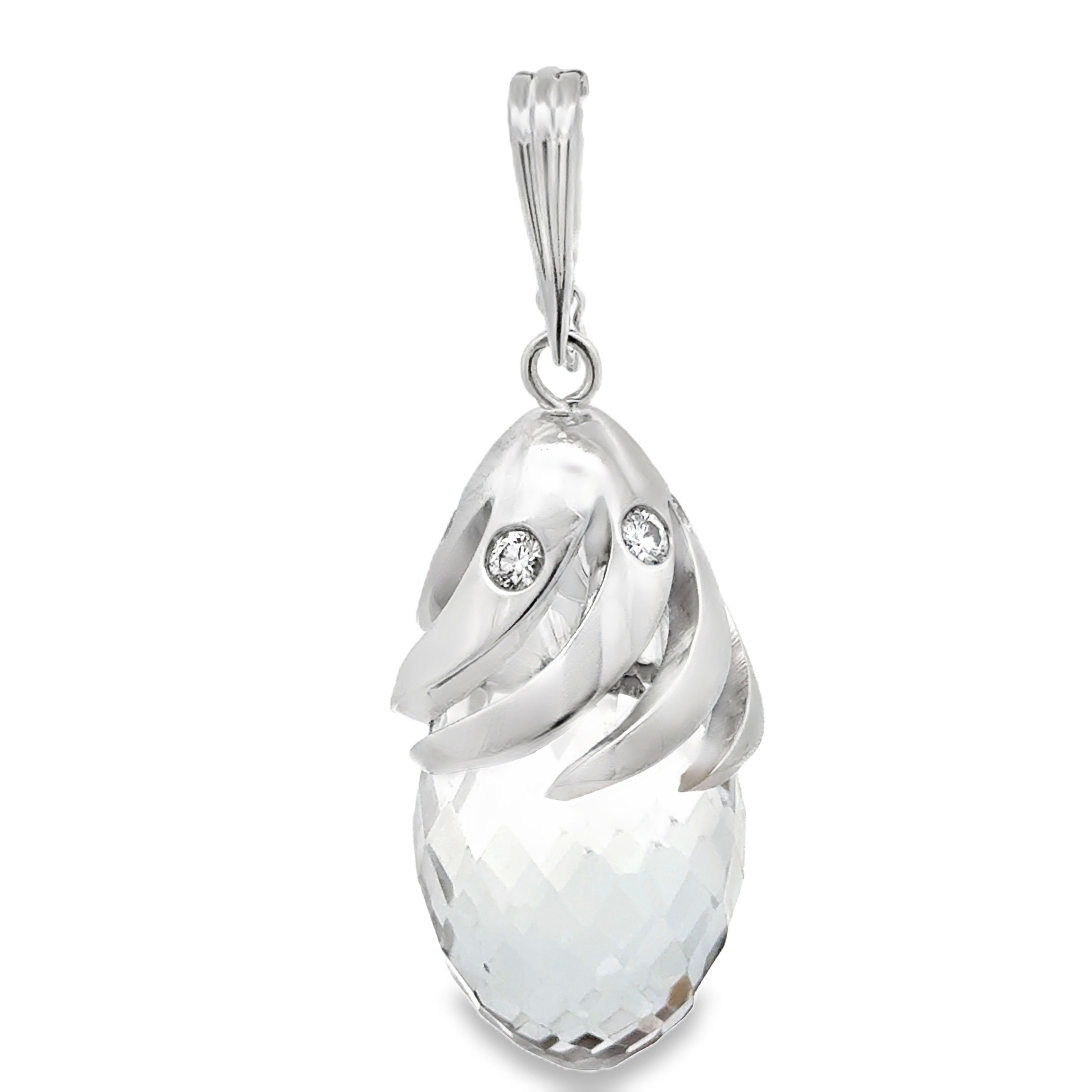 Estate Pendant, 6 Round Brilliant Cut Diamond 0.60cttw  G-H VS2-SI1,1 Brillo Rose Quartz 100ct aprox 14K White Gold 24.20g. All weights estimated.