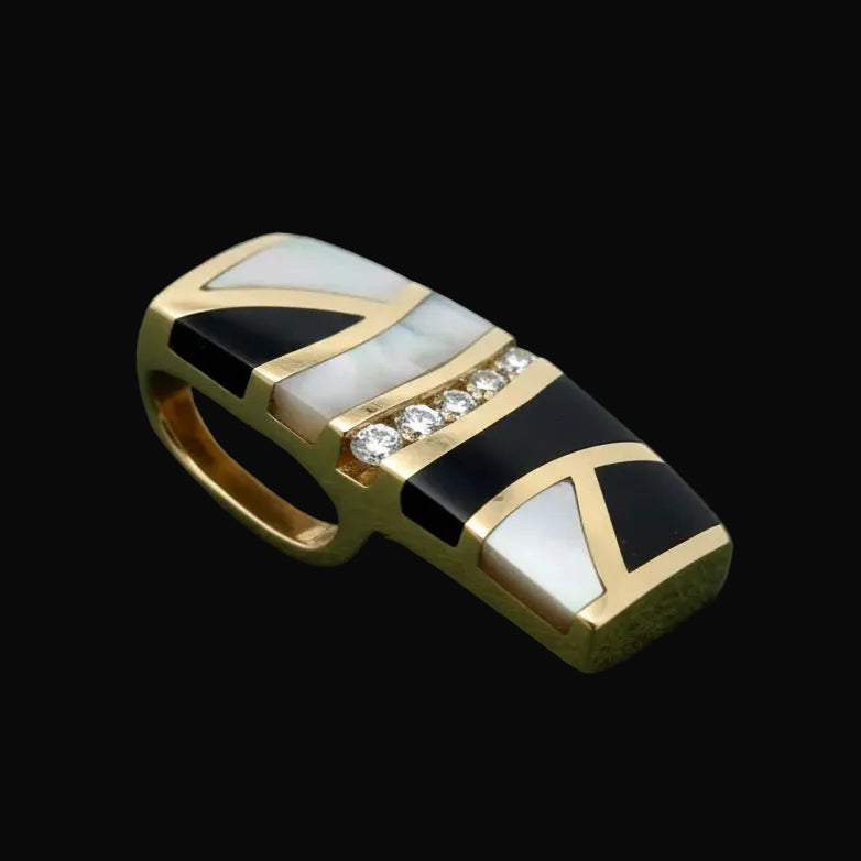 Designer HL Pendant, 6 Round Brilliant Cut Diamond 0.25cttw  G-H VS2-SI1, Mother of Pearl, Onyx 14K Yellow Gold 15.36g. All weights estimated.