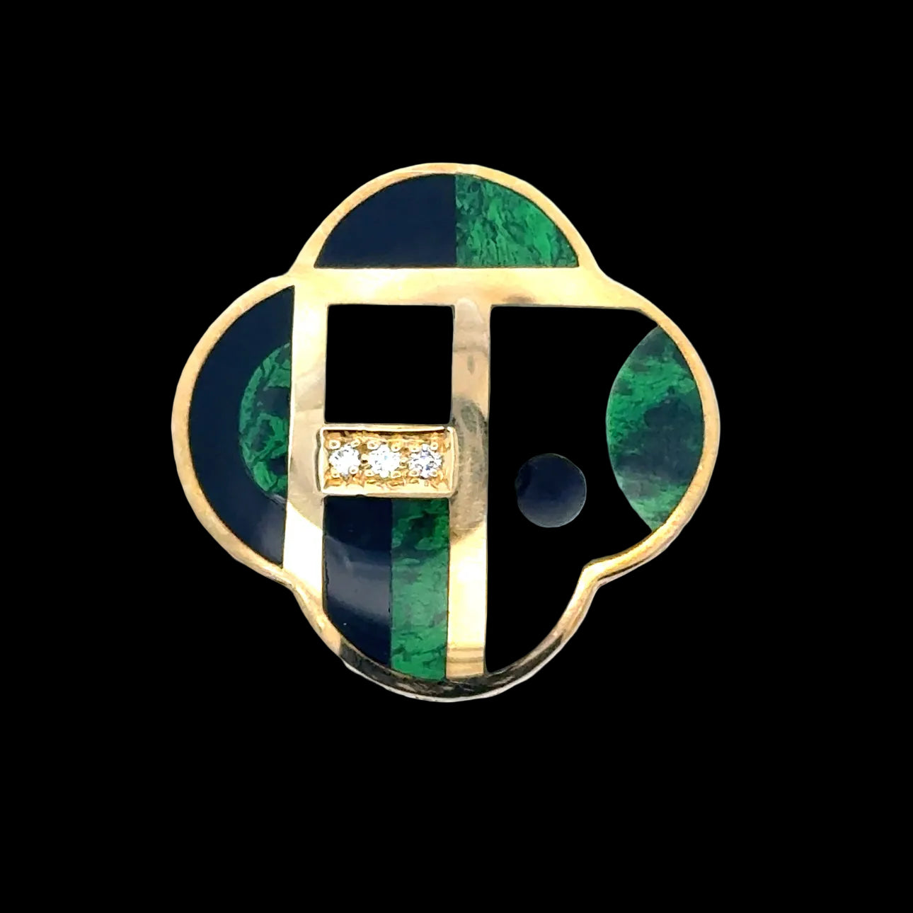 Designer Asch Grossbardt Pendant, 3 Round Brilliant Cut Diamond 0.05cttw  G-H VS2, Coral, Malachite, Turquoise, Onyx, Mother of Pearl 14K Yellow Gold 9.17g. All weights estimated.