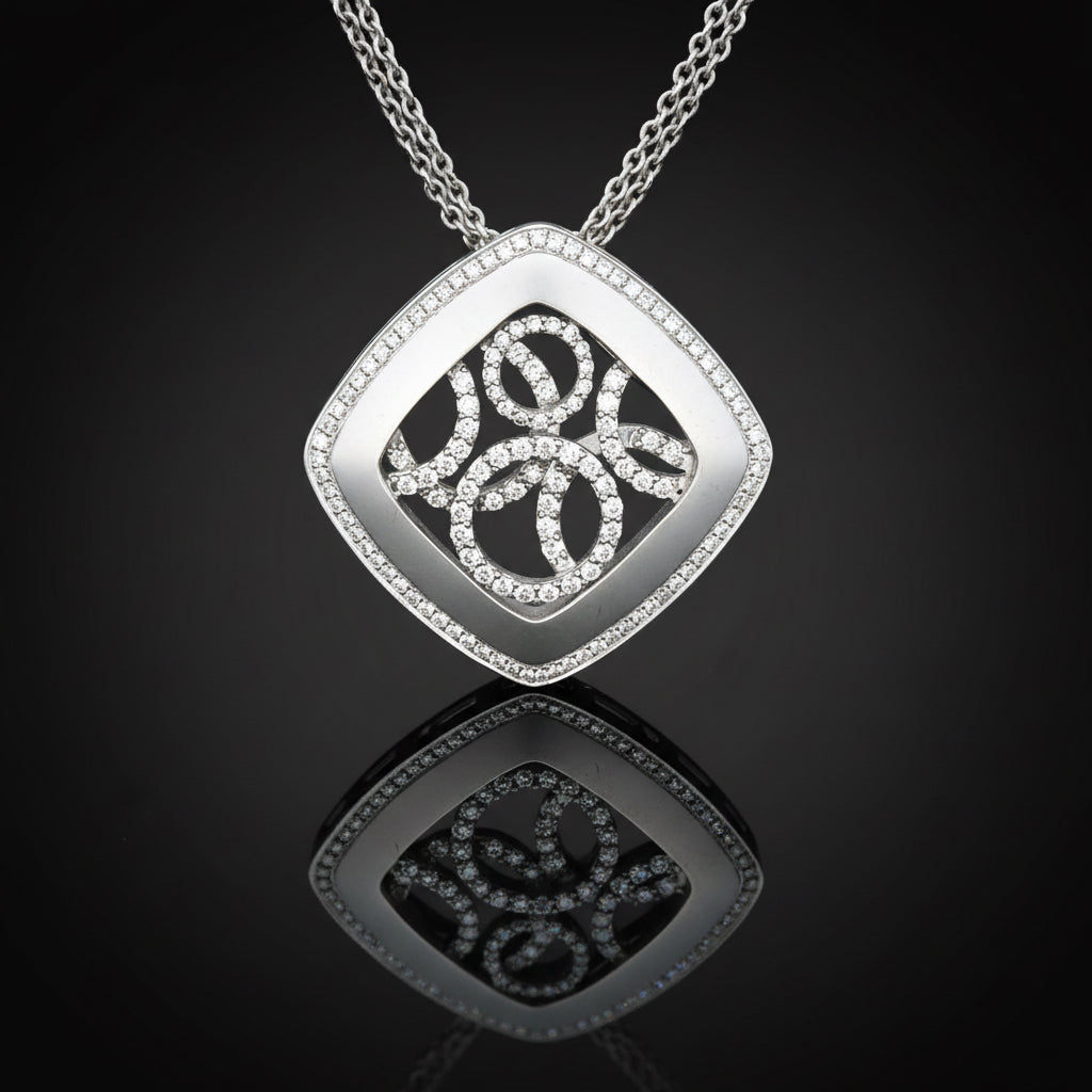 Designer EG Necklace Round Brilliant Cut Diamond 1.01cttw  G-H VS2-SI1 18K White Gold 14.16g. All weights estimted.