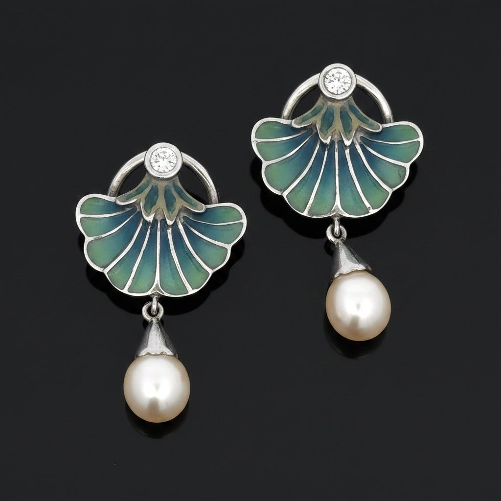 Nouveau 1910 Earrings, #28 of 48, 2 Round Brilliant Cut Diamond 0.24 cttw  G-H VS1-SI1, Enamel Blue 18K White Gold 10.87g. All weights estimated.