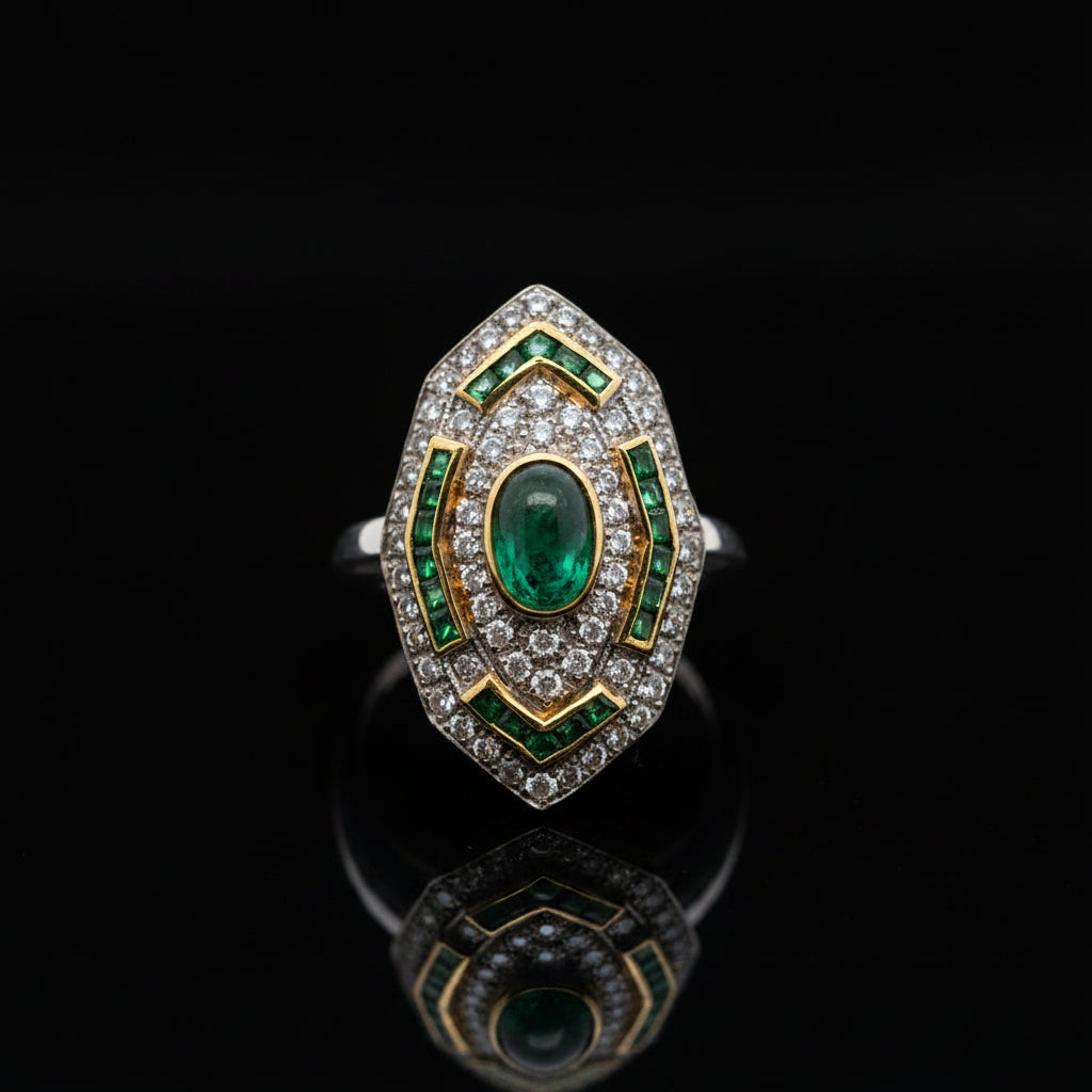 Vintage Ring RBC Diamond 0.75cttw  G/H Emerald  OVAL/PC 1.00cttw  18KT WG 6.10g ,All Weights Estimated