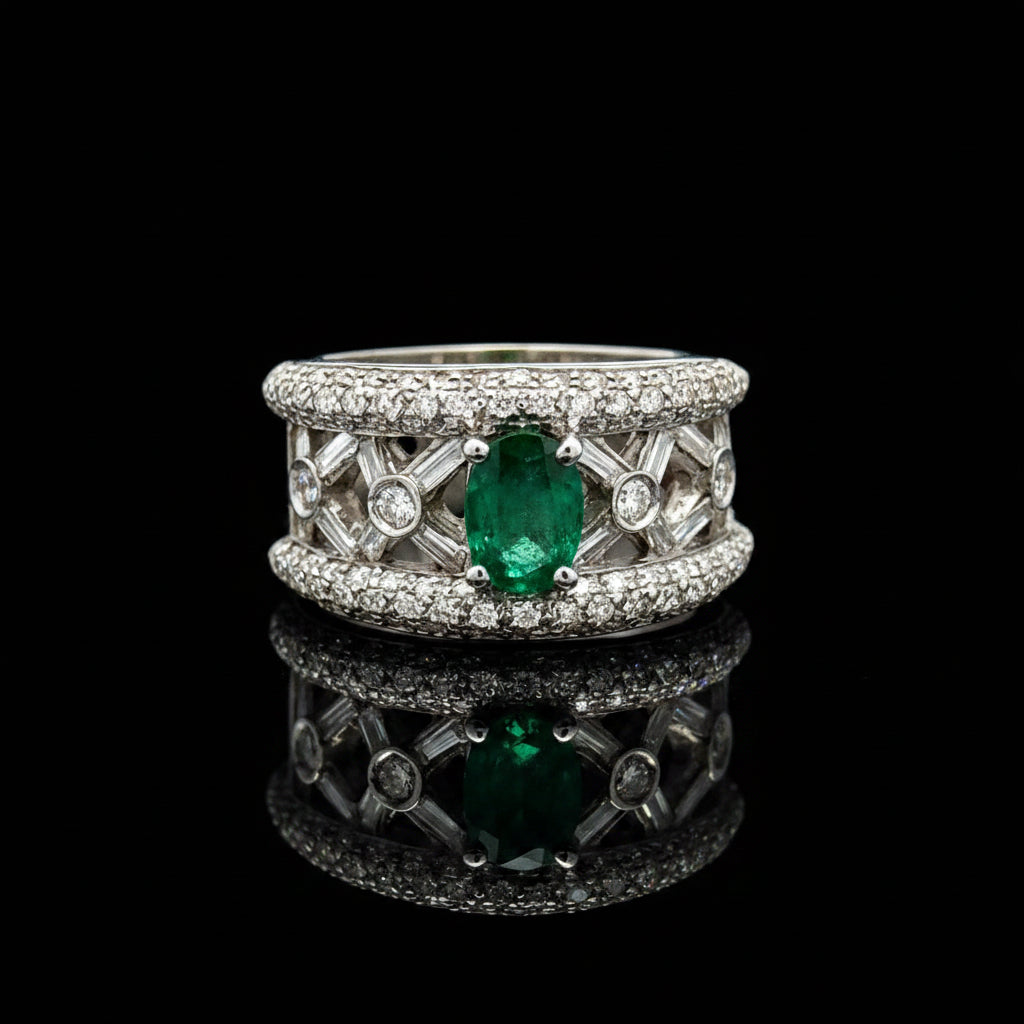 Vintage Ring BAG/RBC Diamond 1.16cttw  H/I, 1 Emerald  OV 0.92ct  18KT WG 9.40g ,All Weights Estimated