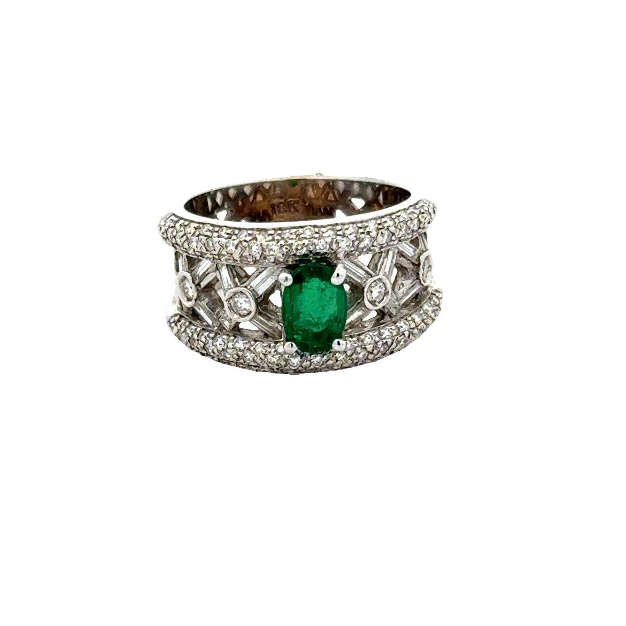 Vintage Ring BAG/RBC Diamond 1.16cttw  H/I, 1 Emerald  OV 0.92ct  18KT WG 9.40g ,All Weights Estimated