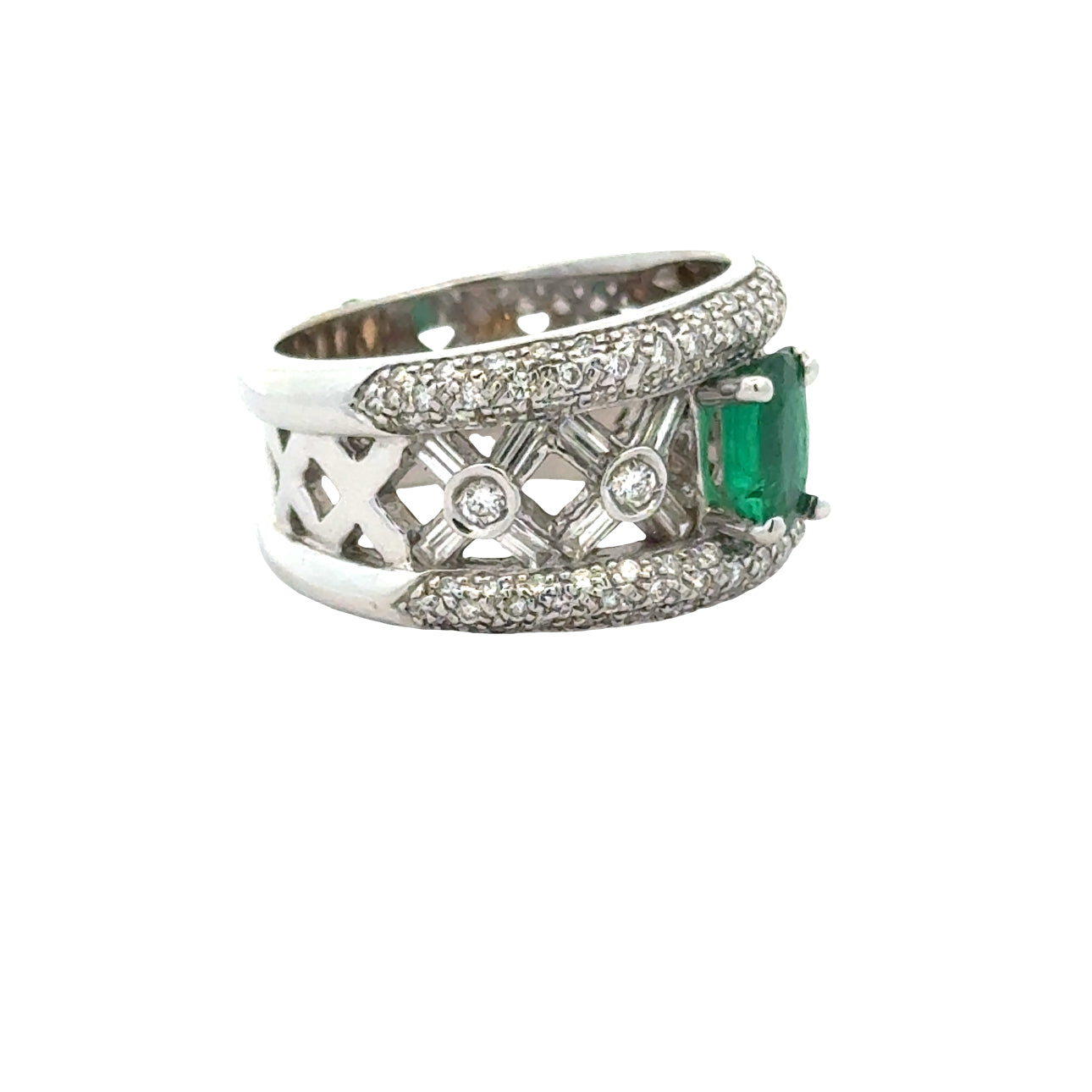 Vintage Ring BAG/RBC Diamond 1.16cttw  H/I, 1 Emerald  OV 0.92ct  18KT WG 9.40g ,All Weights Estimated