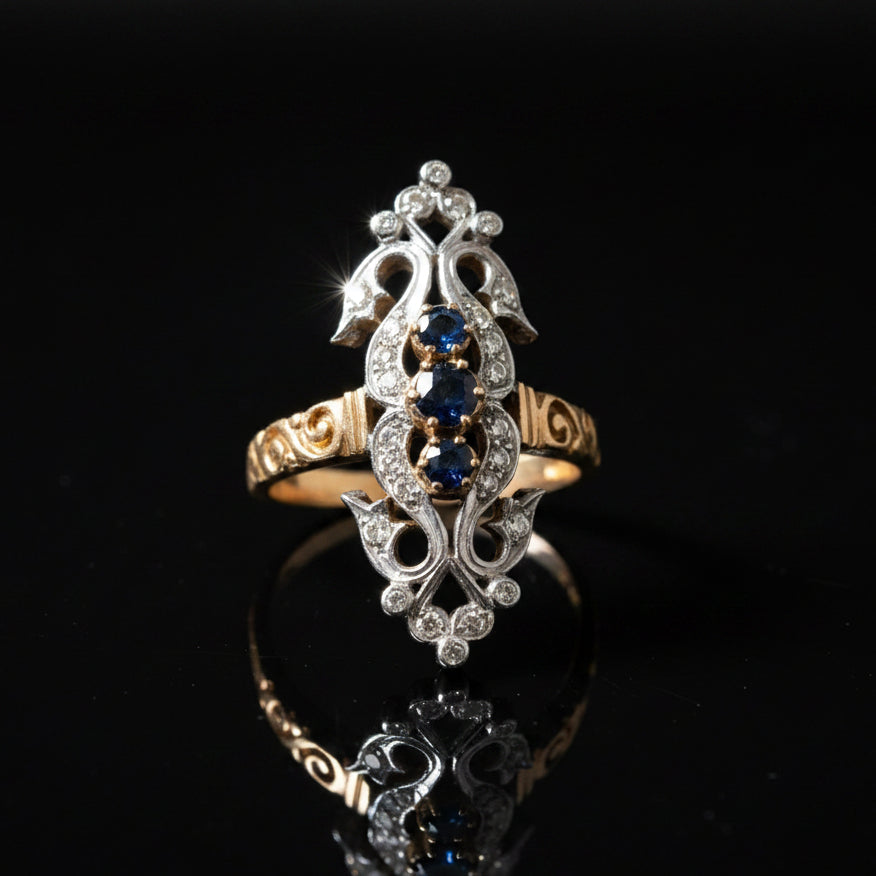 Vintage Ring RD Diamond 0.25cttw  G/H, 3 Sapphire  RD 0.25cttw  18KT  WG/YG 5.70g ,All Weights Estimated