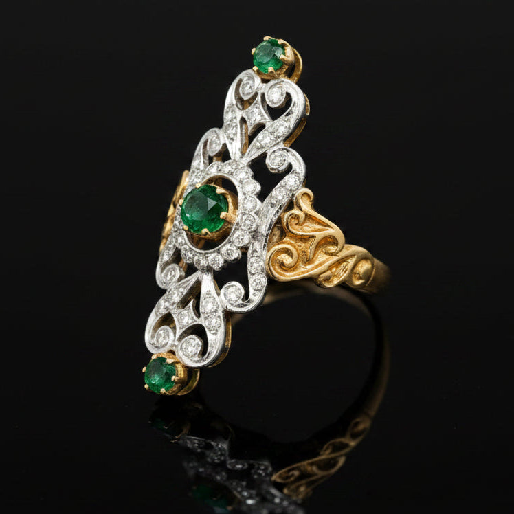 Vintage Ring RBC Diamond 0.60cttw  G, 3 Emerald  RD 0.40cttw  18KT YG 6.30g ,All Weights Estimated