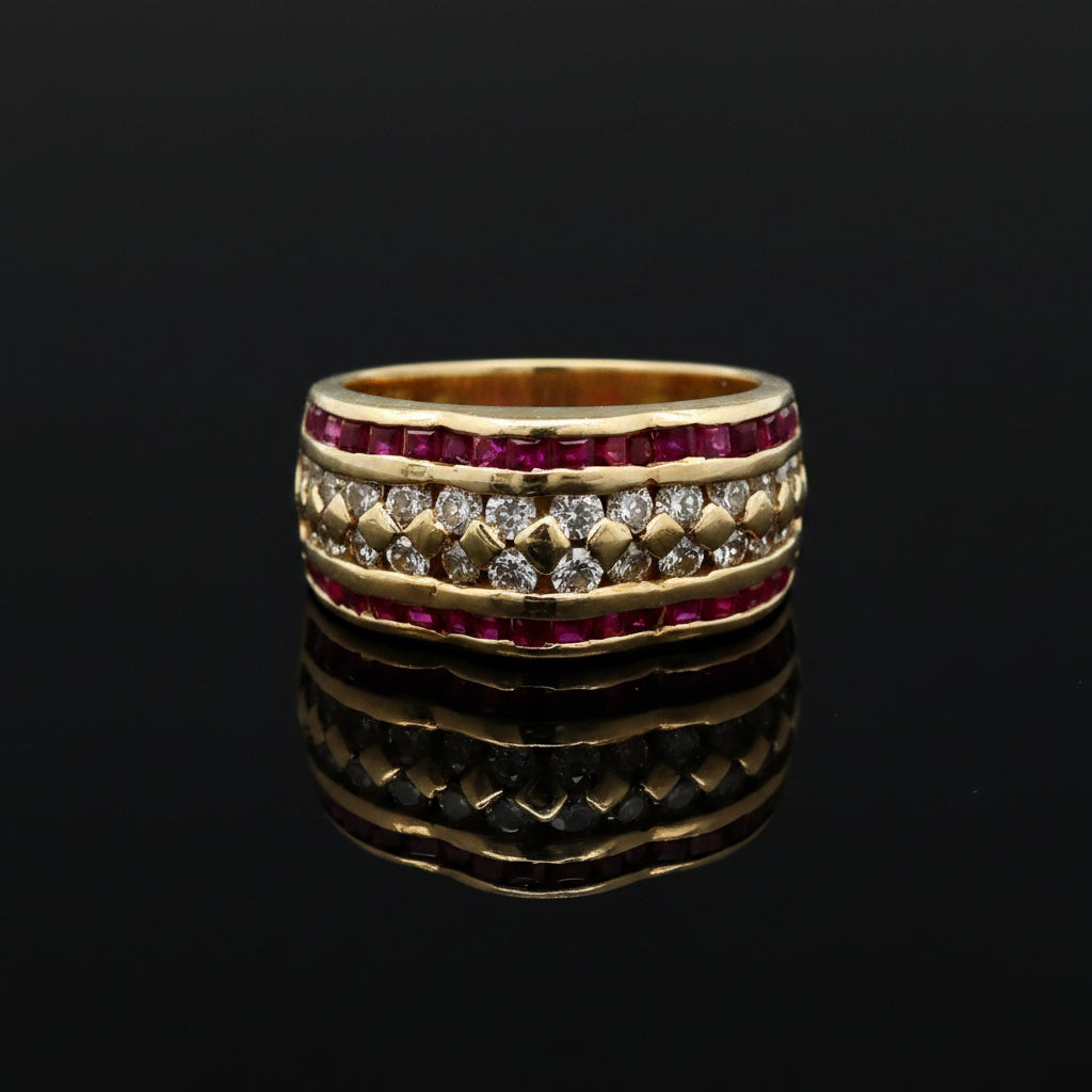 Vintage Ring RBC Diamond 0.80cttw  J/K Ruby  PC 1.25cttw  14KT YG 6.40g ,All Weights Estimated