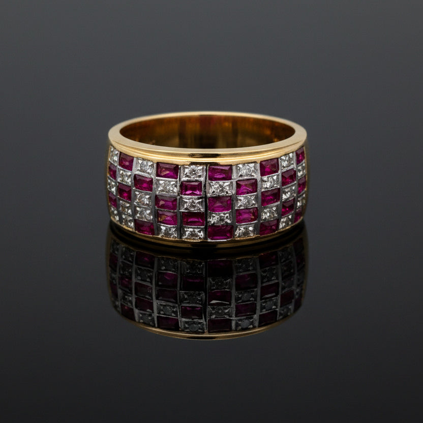 Vintage Ring RBC Diamond 0.15cttw  G/H Ruby  PC 1.30cttw  14KT YG/WG 5.40g ,All Weights Estimated