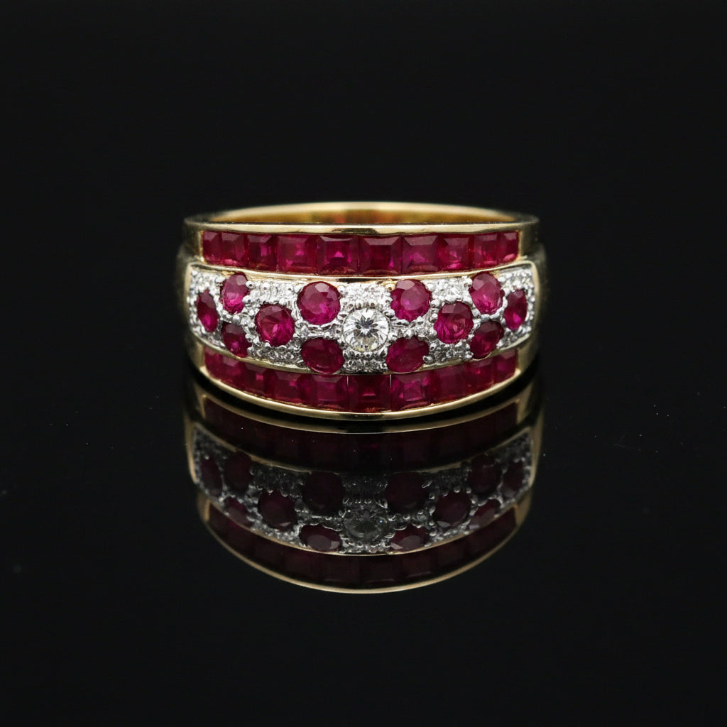 Vintage Ring RBC Diamond 0.06cttw  G/H Ruby  RD/PC 2.81cttw  14kt YG/WG 5.03g ,All Weights Estimated
