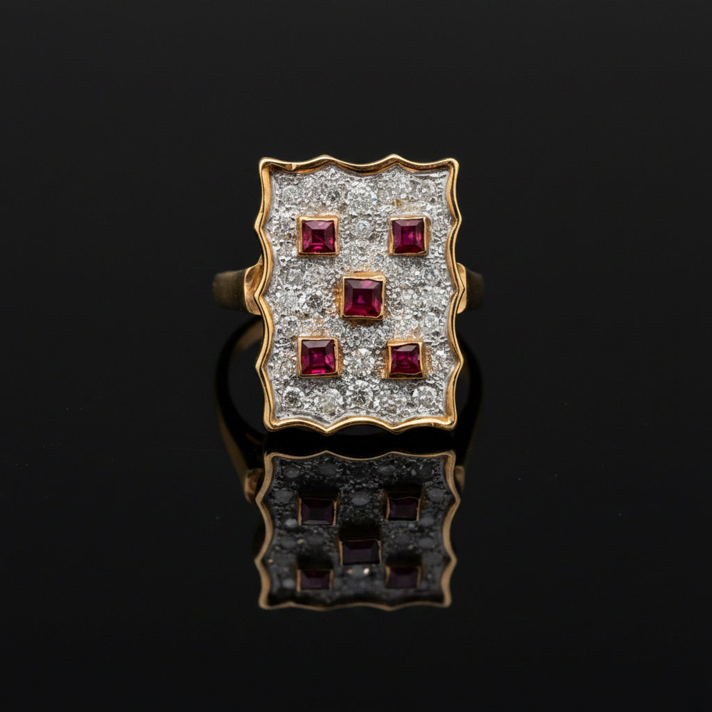 Vintage Ring RBC Diamond 0.08cttw  G/H Ruby  PC 0.50cttw  14KT YG/WG 6.65g ,All Weights Estimated