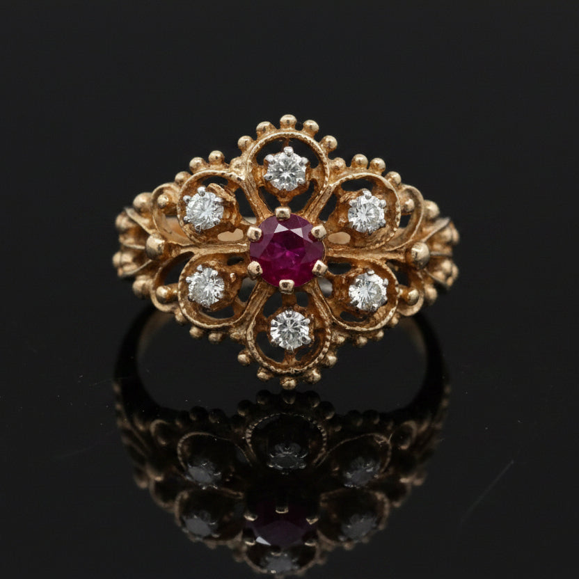 Vintage Ring, 6 RBC Diamond 0.24cttw  H/I Ruby  RD 0.35cttw  14KT YG 3.73g ,All Weights Estimated