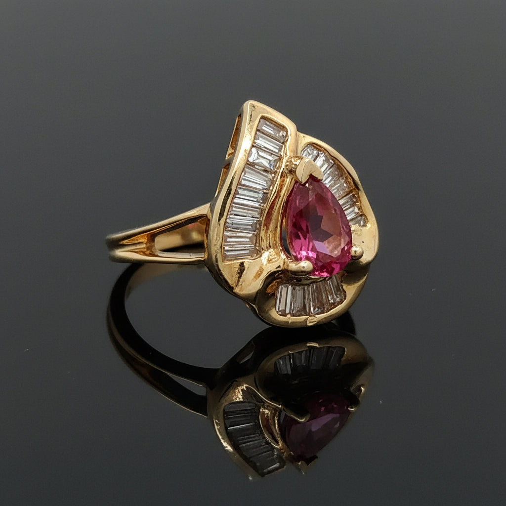 Vintage Ring RBC Diamond 0.75cttw  G/H, 1 Pink Tourmaline  PS 0.75ct  14KT YG 6.10g ,All Weights Estimated