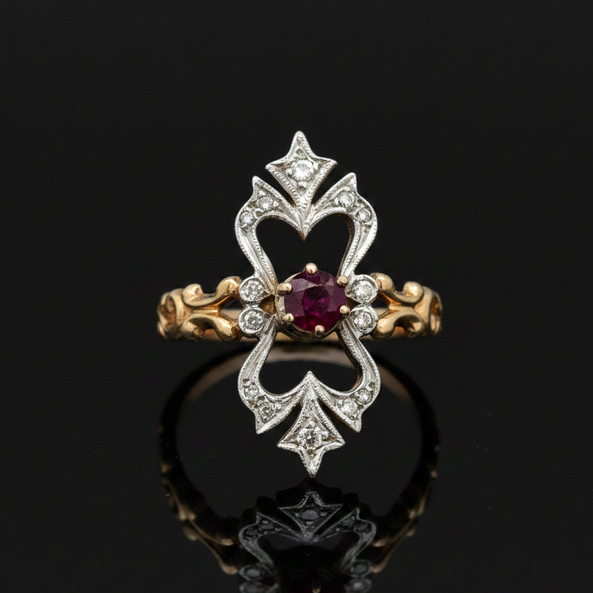 Vintage Ring, 14 RBC Diamond 0.18cttw  H/I, 1 Ruby  PC 0.40ct  14KT WG/YG 4.00g ,All Weights Estimated