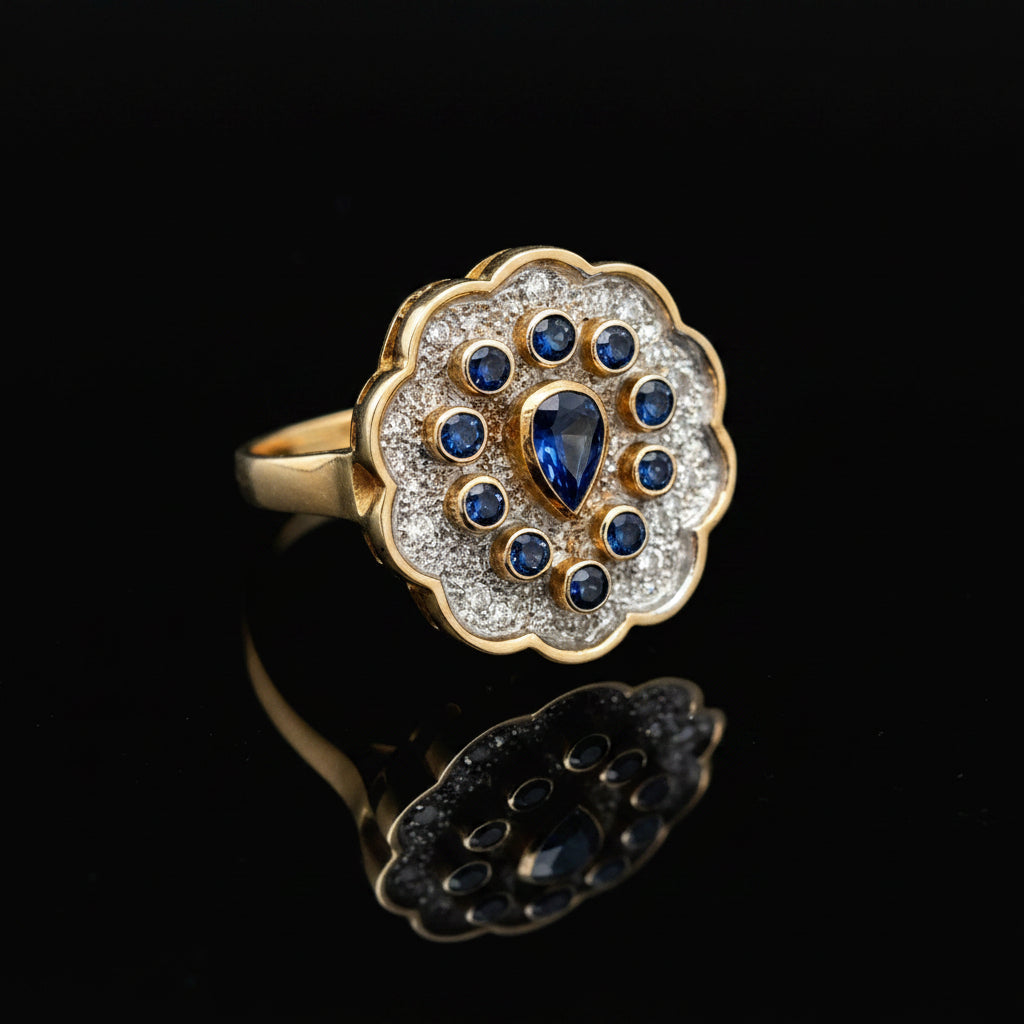 Vintage Ring RBC Diamond 0.10cttw  G/H Sapphire  PS/RD 0.40cttw  14KT WG/YG 6.80g ,All Weights Estimated