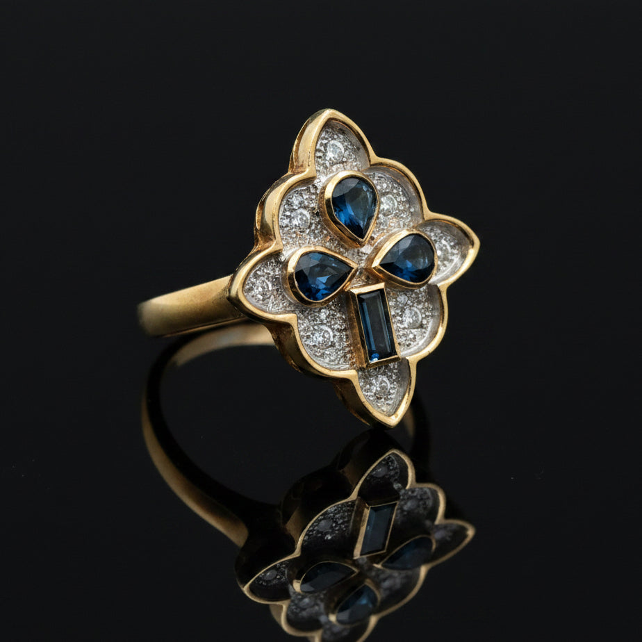 Vintage Ring RBC Diamond 0.10cttw  G/H, 4 Sapphire  PS/EC 0.60cttw  14KT WG/YG 6.57g ,All Weights Estimated