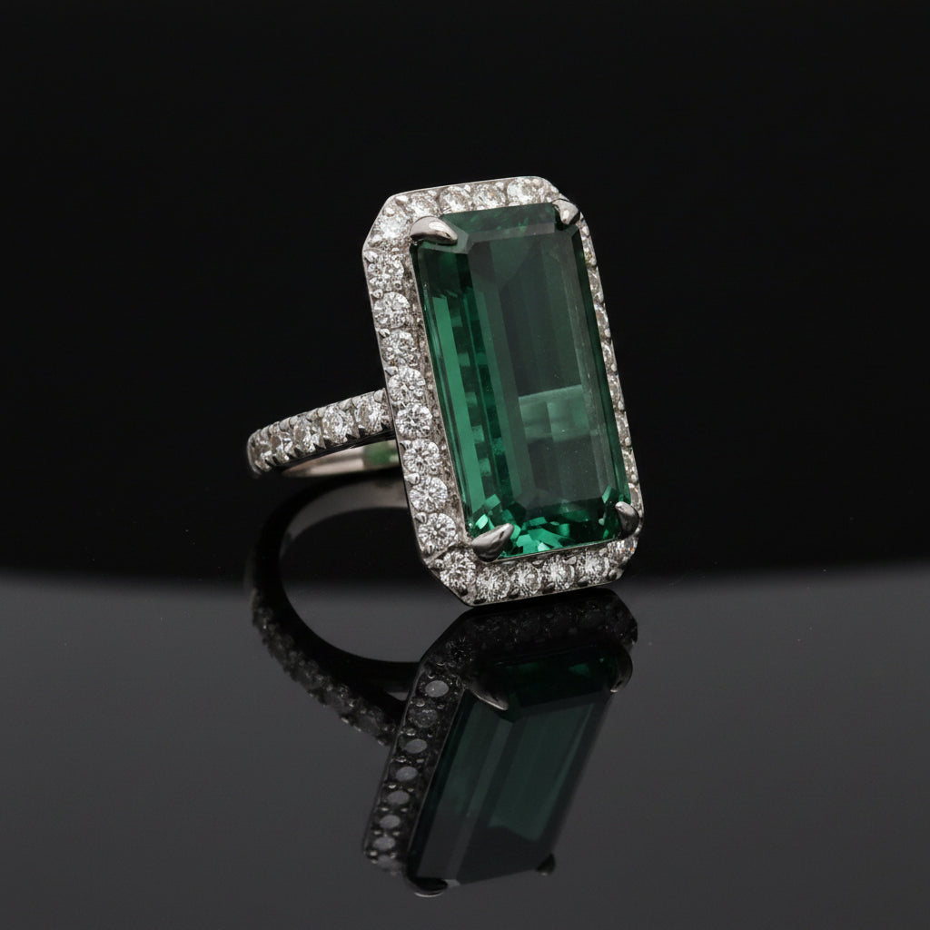 Vintage Ring RBC Diamond 1.80cttw  G/H, 1 Indicolite Tourmaline  EC 12.60ct  14KT WG 10.80g ,All Weights Estimated