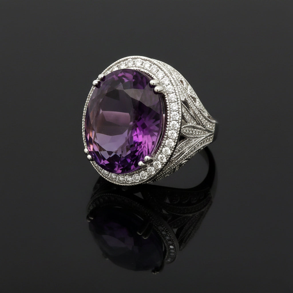 Vintage Ring RBC Diamond 2.65cttw  G/H , 1 Amethyst  OV 39.98ct  14KT WG 15.40g ,All Weights Estimated
