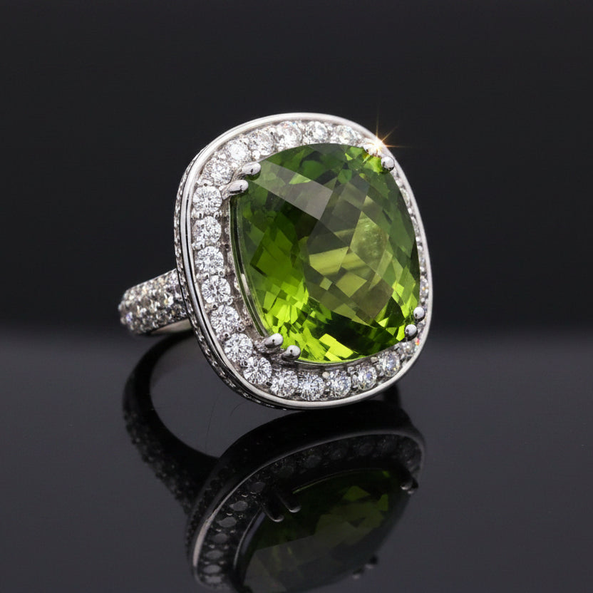 Vintage Ring RBC Diamond 2.70cttw  G/H, 1 Peridot  CUSHION 27.73ct  14KT WG 19.00g ,All Weights Estimated
