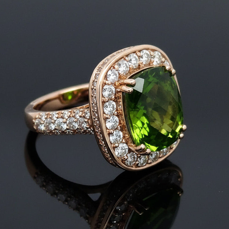 Vintage Ring RBC Diamond 2.40cttw  G/H, 1 Peridot  CUSHION 10.30ct  14KT WG 14.10g ,All Weights Estimated