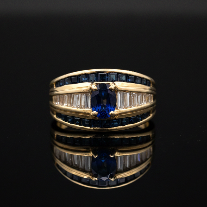 Vintage Ring BAG Diamond 0.50cttw  G/H Sapphire  OV/PC 1.25cttw  14KT YG 9.50g ,All Weights Estimated