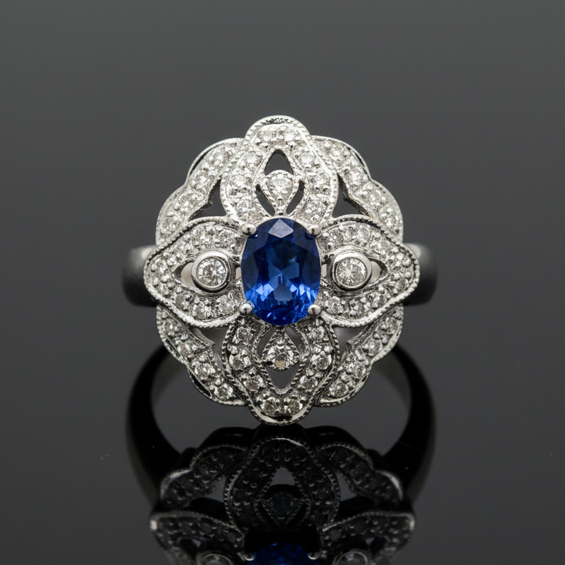 Vintage Ring RBC Diamond 0.33cttw  G/H, 1 Sapphire  OV 0.90ct  14KT WG 7.40g ,All Weights Estimated