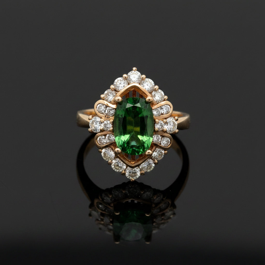 Vintage Ring RBC Diamond 0.60cttw  G/H, 1 Tsavnite Garnet  CUSHION 1.84ct  14KT YG 4.80g ,All Weights Estimated