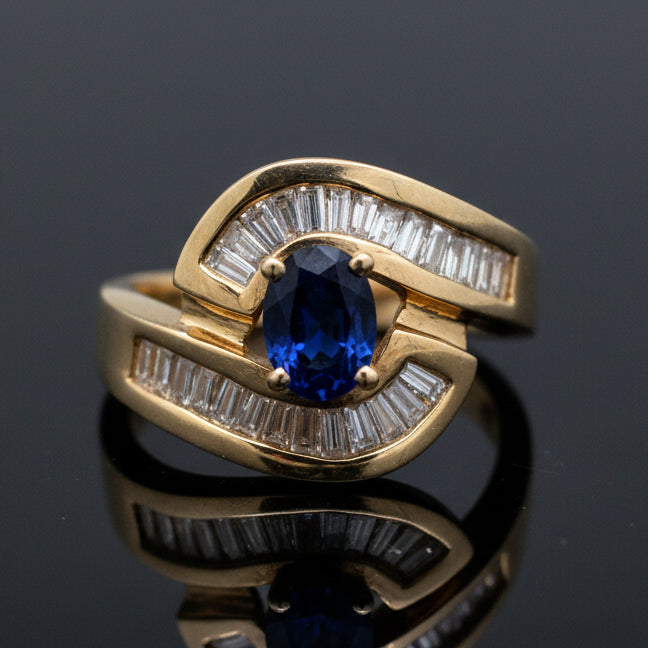 Vintage Ring BAG Diamond 0.75cttw  G/H, 1 Sapphire  OV 0.90ct  14KT YG 9.30g ,All Weights Estimated