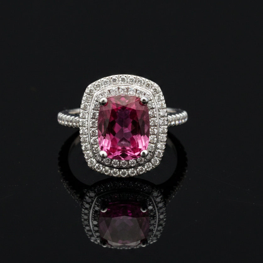 Vintage Ring RBC Diamond 0.60cttw  G/H, 1 Pink Tourmaline  CUSHION 3.39ct  14KT WG 6.30g ,All Weights Estimated