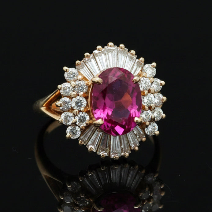 Vintage Ring RBC/BAG Diamond 1.00cttw  G/H, 1 Pink Tourmaline  CUSHION 2.00ct  14KT YG 5.60g ,All Weights Estimated