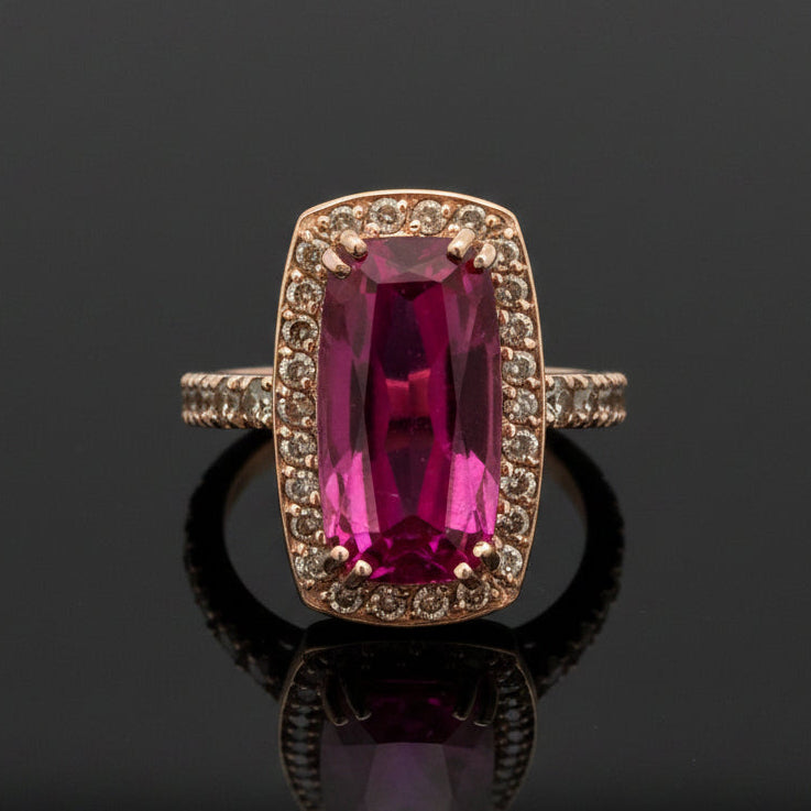 Vintage Ring RBC Diamond 1.20cttw  TLB, 1 Rubalite  CUSHION 6.68ct  14KT ROSE G 8.70g ,All Weights Estimated