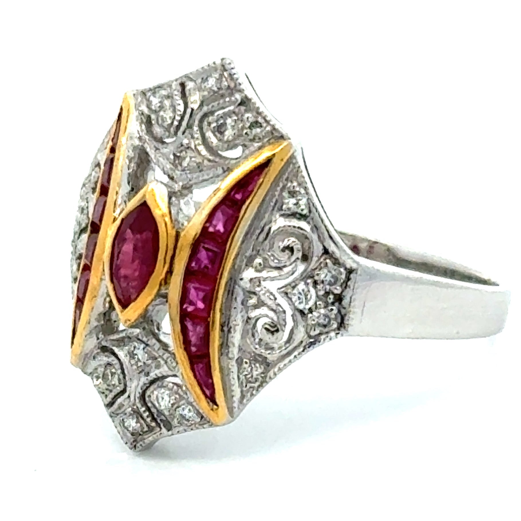 Vintage Ring RBC Diamond 0.18cttw  G/H SI1-SI2 RUBY  FRENCH CUT/MARQ 0.80cttw  18K WG/YG 5.40G ,All Weights Estimated