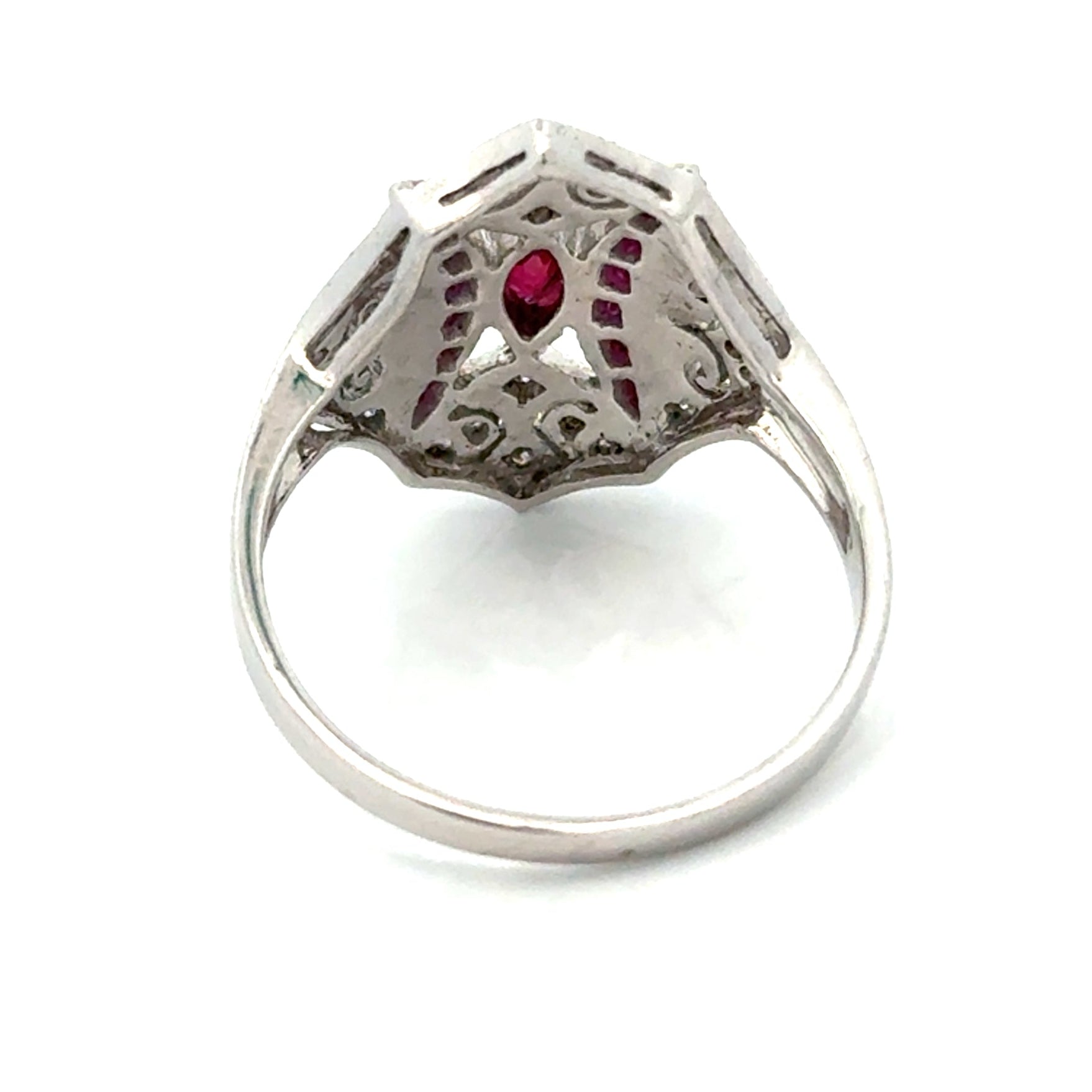 Vintage Ring RBC Diamond 0.18cttw  G/H SI1-SI2 RUBY  FRENCH CUT/MARQ 0.80cttw  18K WG/YG 5.40G ,All Weights Estimated