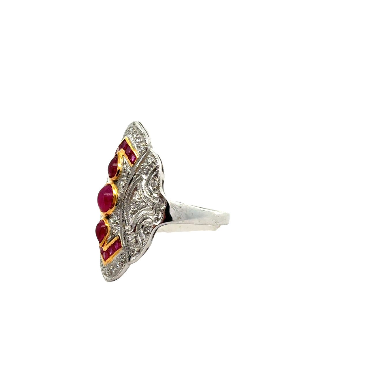 Vintage Ring RBC Diamond 0.33cttw  G/H VS2-SI1 RUBY  CAB/PC 0.70cttw  18K WG 7.10G ,All Weights Estimated