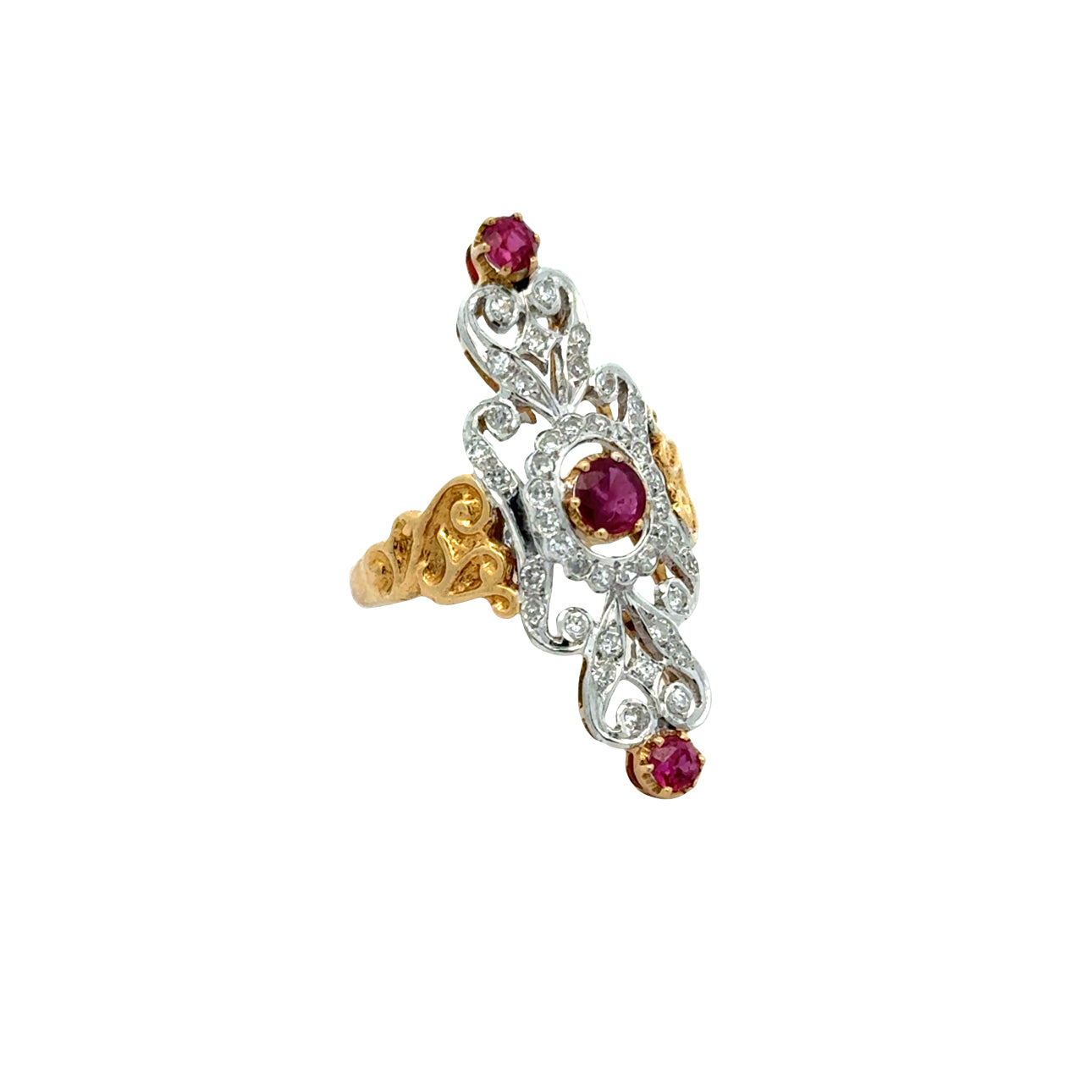 Vintage Ring RBC Diamond 0.25cttw  G/H SI1-SI2 RUBY  RD 0.50cttw  18K WG/YG 6.20G ,All Weights Estimated