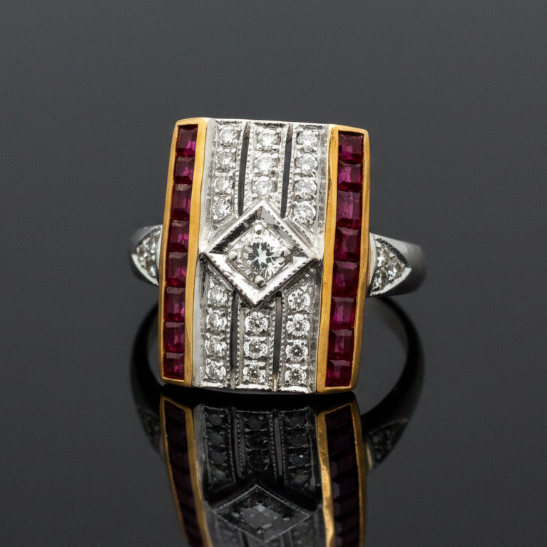 Vintage Ring RBC Diamond 0.34cttw  G/H SI1-SI2 RUBY  FRENCH CUT 1.00cttw  18K WG/YG 5.20G ,All Weights Estimated