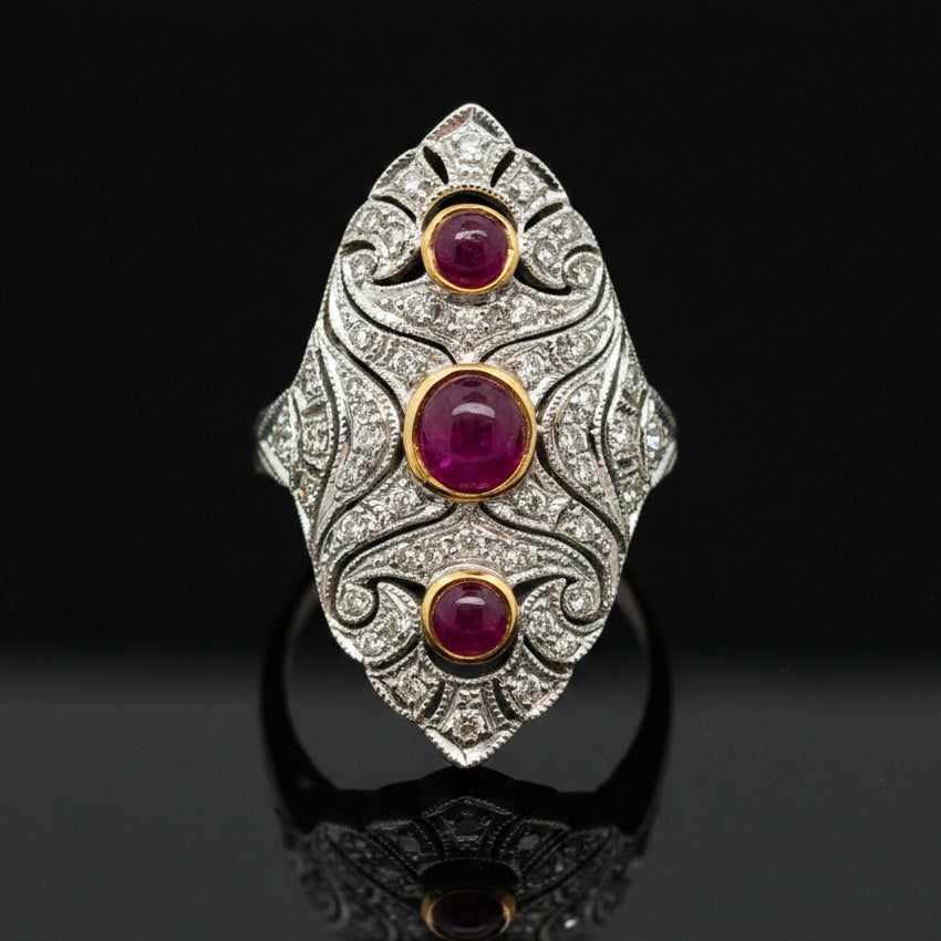 Vintage Ring RBC Diamond 0.50cttw  G/H VS2-SI1 RUBY  CAB 0.70cttw  18K WG 6.60G ,All Weights Estimated