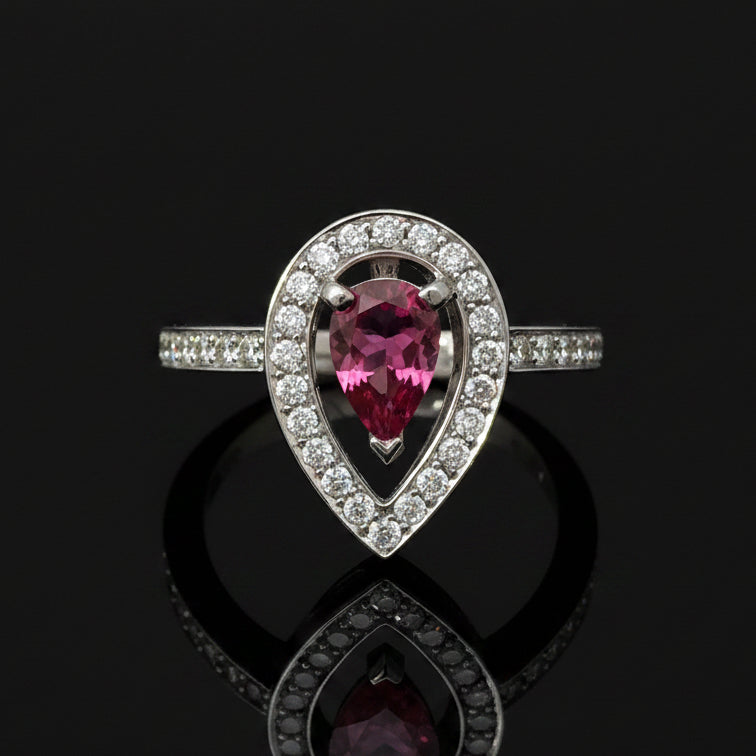 FRED OF PARIS Ring, 1 PEAR PINK Toumaline 0.40Cttw , 39 Diamond RBC 0.40Cttw  F-G VS1-VS2 PLAT 6.34G