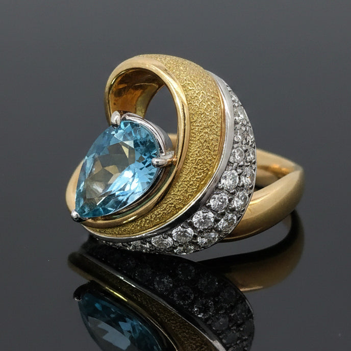 Designer E.S. Ring, 1 PEAR AQUAMARINE 2.30Cttw , 24 Diamond RBC 0.78Cttw  G/H VS1-VS2 PL/18K WG 17.56G
