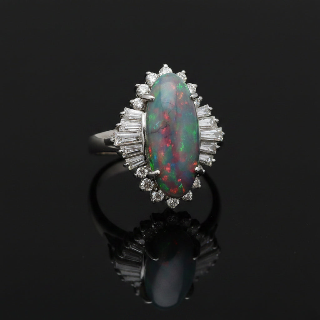 Estate Ring, 1 CAB BLACK OPAL 3.35Cttw , 24 Diamond RBC/Bag 0.82Cttw  H-I VS2-SI1 PLAT 7.57G