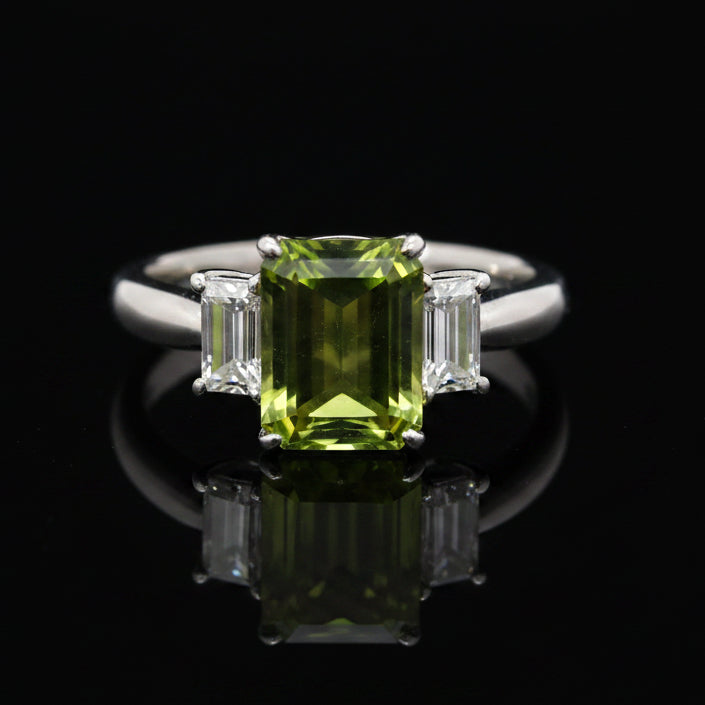 Estate Ring, 1 EMERALD CUT PERIDOT 3.02Cttw , 2 Diamond EMERALD CUT 0.76Cttw  H-I VS1-VS2 PLAT 7.13G