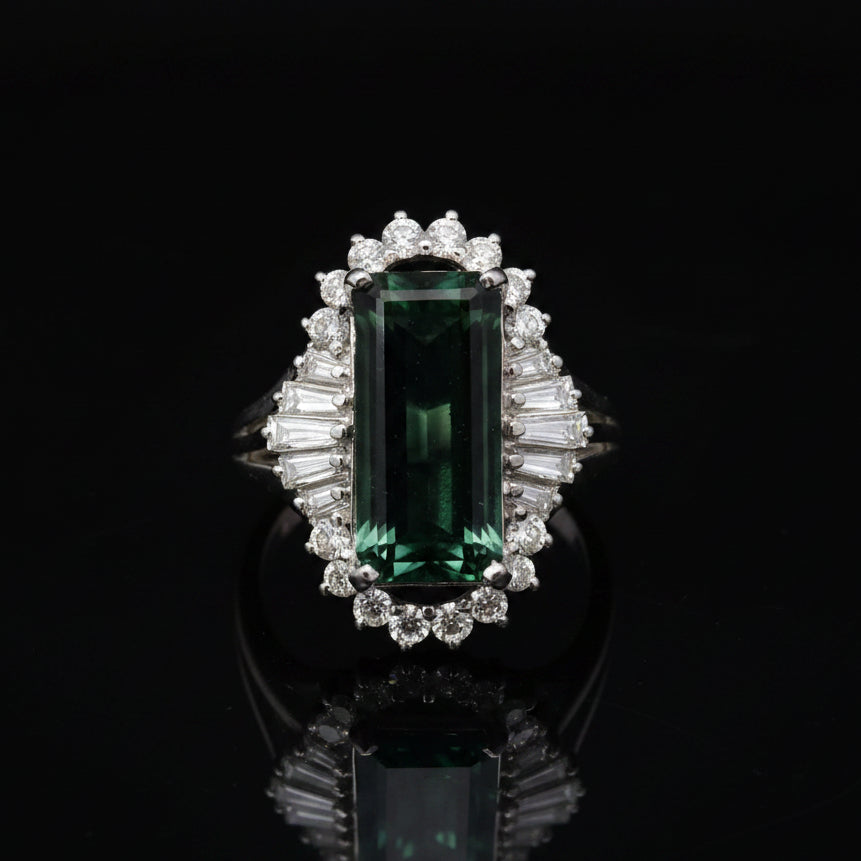 Estate Ring, 1 EMERALD CUT GREEN Tourmaline 3.38Cttw , 26 Diamond RBC/Bag 0.69Cttw  G/H VS2-SI2 PLAT 8.30G
