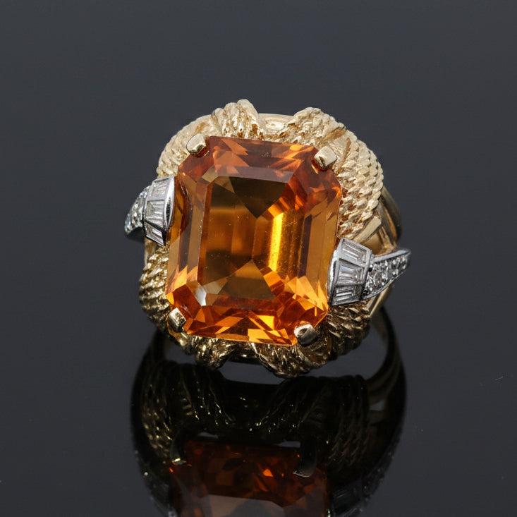 Designer Ring, 1 EMERALD CUT CITRINE 11.50Cttw , 12 Diamond S.C./Bag 0.30Cttw  H-I SI1-SI2 14KY/14KW WG/YG 11.87G