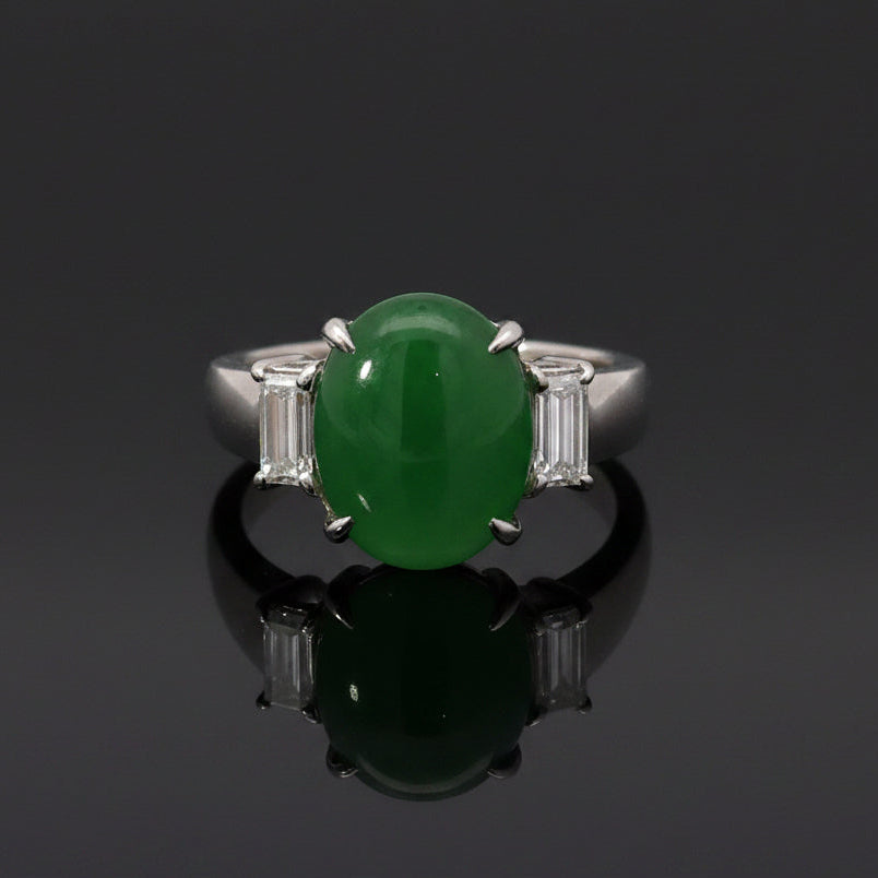 Estate Ring, 1 CAB Jadeite 3.90Cttw  GIA  #5222826487, 2 Diamond Bag 0.42Cttw  H-I SI1-SI2 PLAT 8.30G