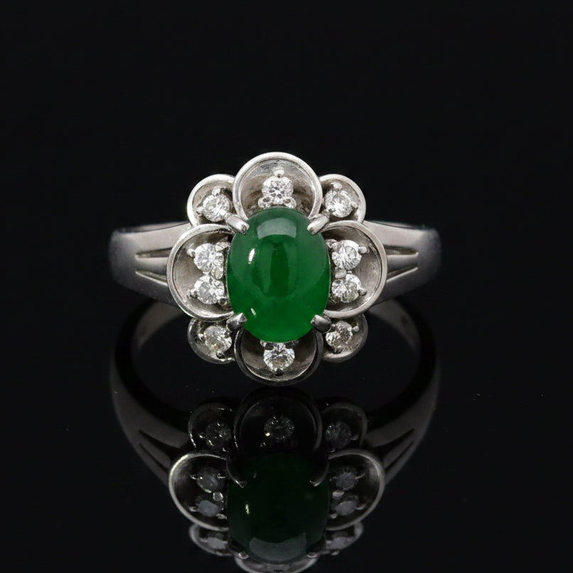 Estate Ring, 1 CAB Jadeite 1.00Cttw  GIA  #6223642568, 10 Diamond RBC 0.14Cttw  G/H SI1-SI2 PLAT 6.24G