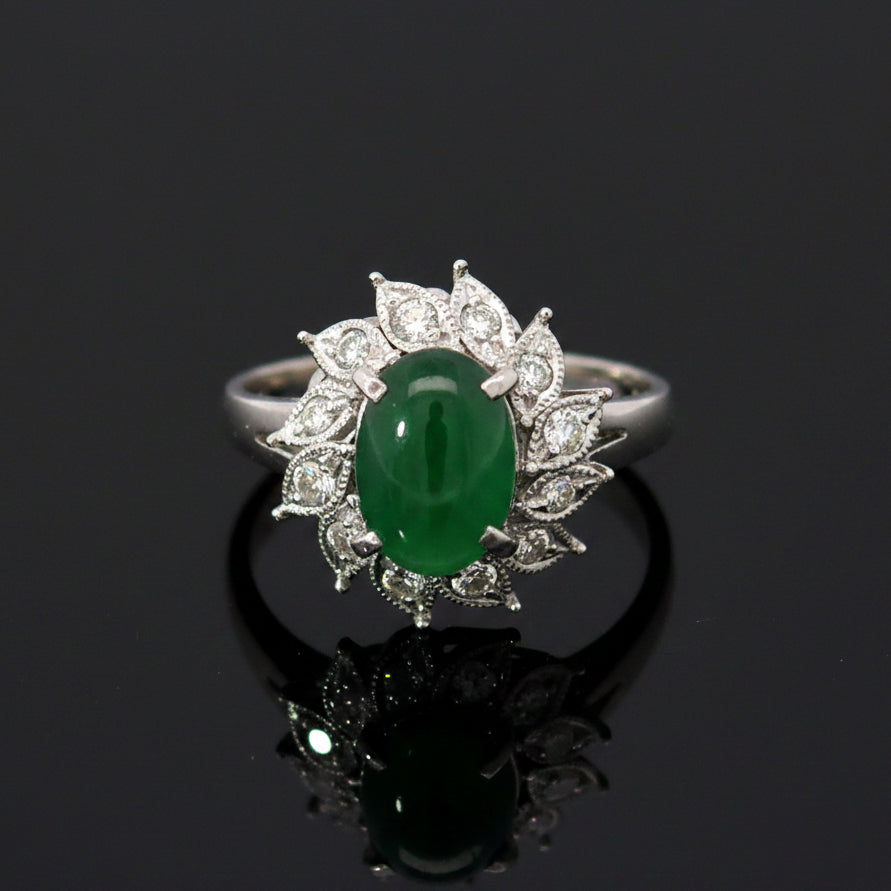 Estate Ring, 1 CAB Jadeite 1.54Cttw  GIA  #5221723576, 12 Diamond RBC 0.23Cttw  G/H SI1-SI2 PLAT 5.42G