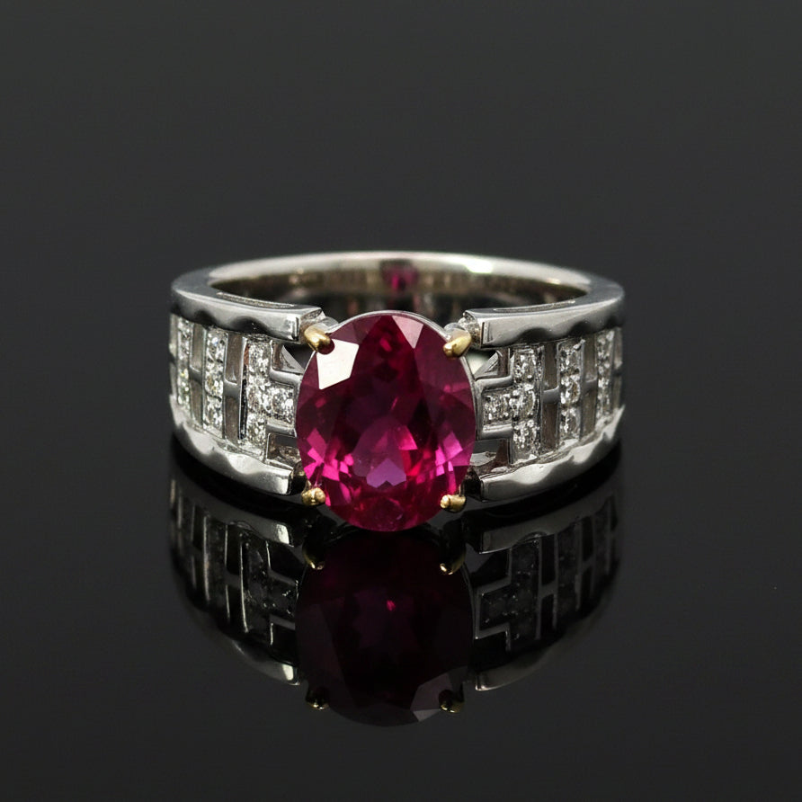 Custom Designer Ring, 1 OVAL PINK Toumaline 2.35Cttw , 20 Diamond RBC 0.10Cttw  G/H SI1 18KW WG 8.06G