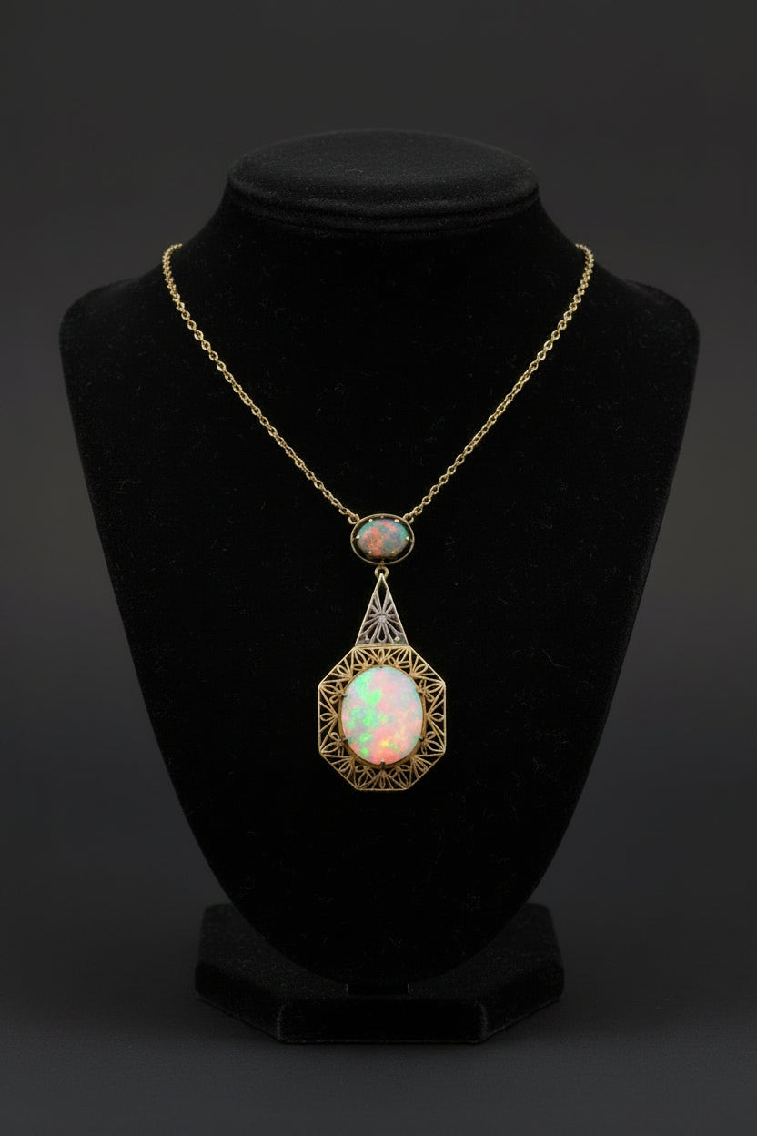 Estate Necklace, 1 Opal Cabochon,1 Opal Cabochon 14K Yellow Gold 4.59g. All Weights Estimated.